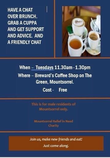 MountsorrelCSF's tweet photo. If you, or someone you know, is a male resident of Mountsorrel, and would like to go along and have some company and brunch, then just turn up at Breward's Coffee Shop on Tuesdays at 11.30 for the men's group.  There's no charge and no need to book. https://t.co/hPTJ0bS8Ub
