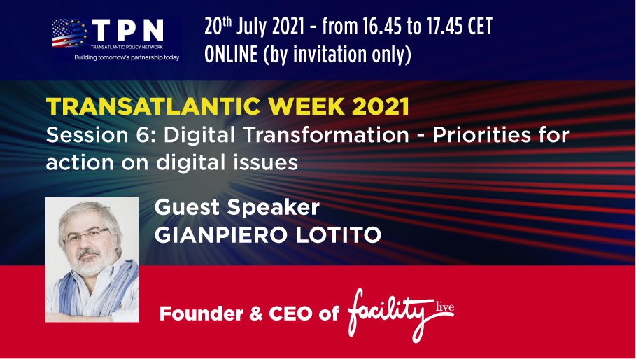 Tomorrow @GianpieroLotito will be guest speaker @ #TransatlanticWeek21 #DigitalTransformation priorities #EU #US. Agenda: bit.ly/3z9ChTb #NextInnovationEU #BigTech #SiliconValley #digital #tech #startup