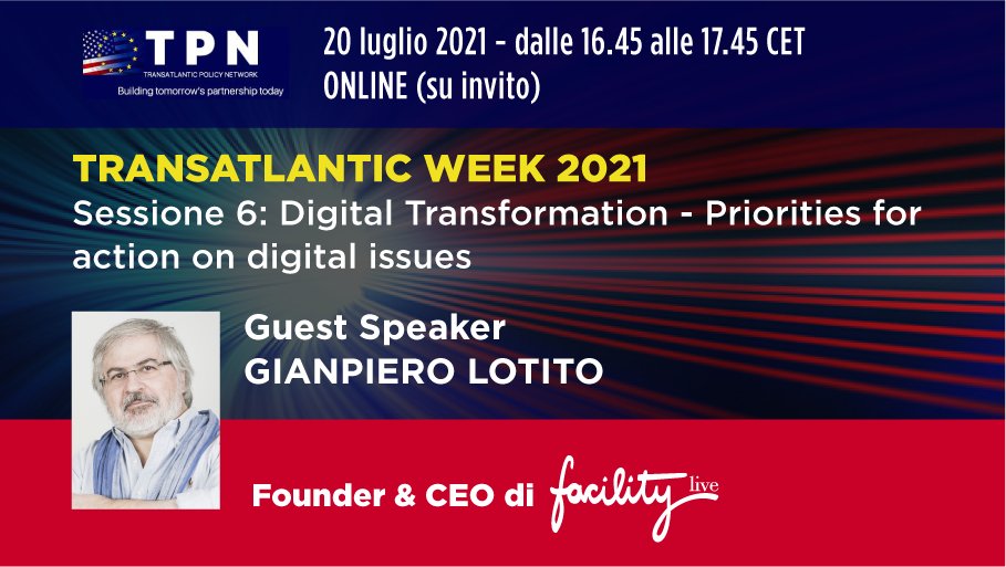 Domani @GianpieroLotito sarà guest speaker @ #TransatlanticWeek21 #DigitalTransformation sulle priorità #UE #USA. Agenda: bit.ly/3z9ChTb #NextInnovationEU #BigTech #SiliconValley #digital #tech #startup