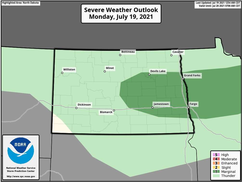 Strong thunderstorms are possible with A potential for #hail and fierce winds could develop late this afternoon from central #NorthDakota into northern #Minnesota and @LakeSuperior.

#MNwx #NDwx #Fargo #DevilsLake #GrandForks #Bemidji #I35 #I94 #Ely #Hibbing #TwoHarbors #Duluth https://t.co/XoCpKUu0dh