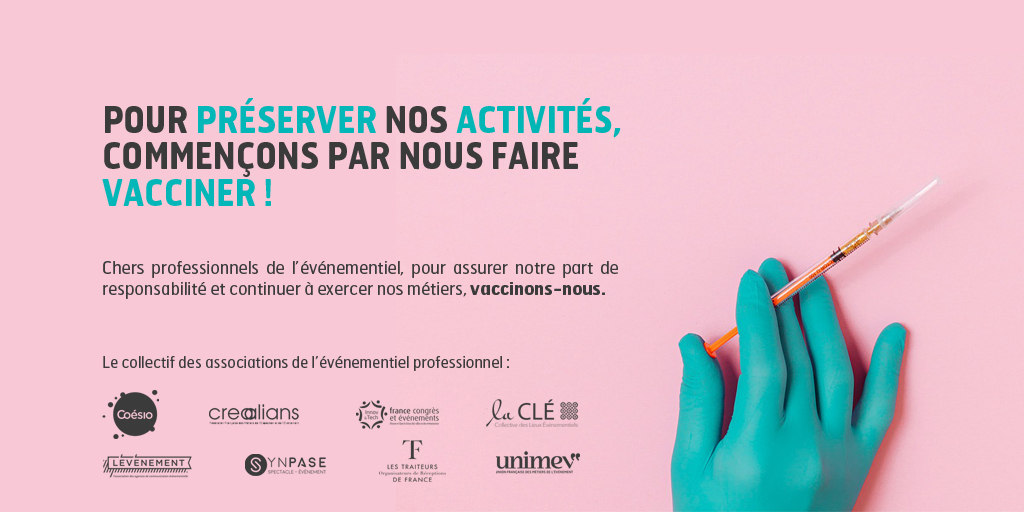 Pour préserver nos activités, commençons par nous faire
vacciner !💉👏 Chers/Chères professionnel.e.s de l'événementiel, pour assurer notre part de responsabilité et continuer à exercer nos métiers, vaccinons-nous.
 
#eventpros #eventprofs #événementiel #solidarité