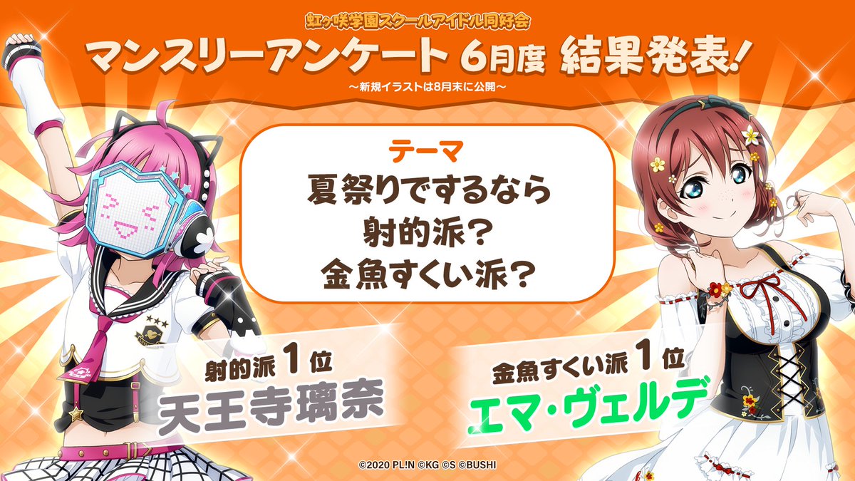 ラブライブ シリーズ公式 虹ヶ咲マンスリーアンケート 6月度の結果公開 6月度テーマは 夏祭りでするなら射的派 金魚すくい派 射的派 1位 天王寺璃奈 金魚すくい派 1位 エマ ヴェルデ 是非チェックしてみてくださいね 詳細 ラブライブ シリーズ公式 虹ヶ咲マンスリーアンケート 6月度の結果公開 6月度テーマは 夏祭りでするなら射的派 金魚すくい派 射的派 1位 天王寺璃奈 金魚すくい派 1位 エマ ヴェルデ 是非チェックしてみてくださいね 詳細