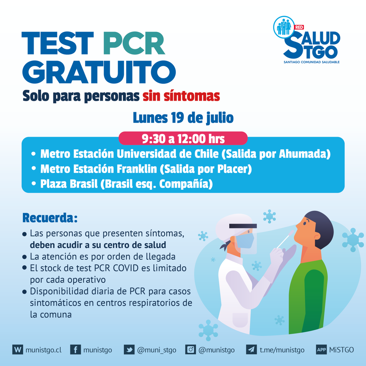 Muni_Stgo's tweet photo. ¿Cuándo y dónde me puedo hacer un PCR gratuito? 🤔

Vecinos/as: compartimos información sobre operativos PCR, que se realizarán durante esta semana. Les recordamos que dicho examen está dirigido a personas sin síntomas, y los resultados están disponibles en 4 días hábiles✌️. https://t.co/uc3V6tLijr