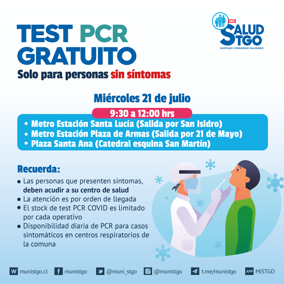 Muni_Stgo's tweet photo. ¿Cuándo y dónde me puedo hacer un PCR gratuito? 🤔

Vecinos/as: compartimos información sobre operativos PCR, que se realizarán durante esta semana. Les recordamos que dicho examen está dirigido a personas sin síntomas, y los resultados están disponibles en 4 días hábiles✌️. https://t.co/uc3V6tLijr