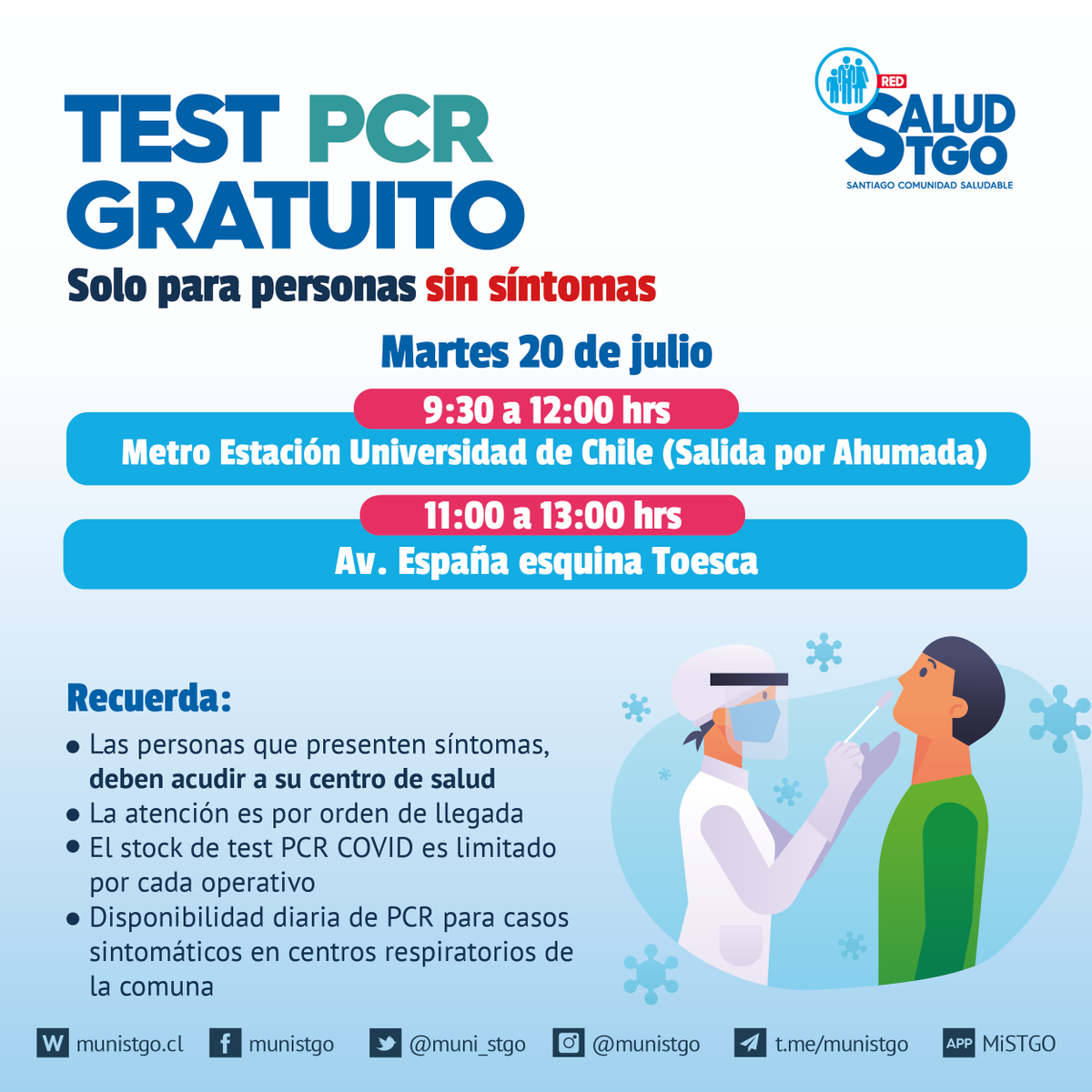 Muni_Stgo's tweet photo. ¿Cuándo y dónde me puedo hacer un PCR gratuito? 🤔

Vecinos/as: compartimos información sobre operativos PCR, que se realizarán durante esta semana. Les recordamos que dicho examen está dirigido a personas sin síntomas, y los resultados están disponibles en 4 días hábiles✌️. https://t.co/uc3V6tLijr