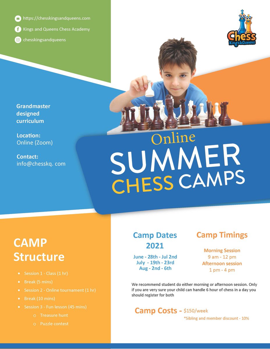 Online Summer Chess Camps are here! Find more details of the camp in the attached image! To register email us at info@chesskq.com .