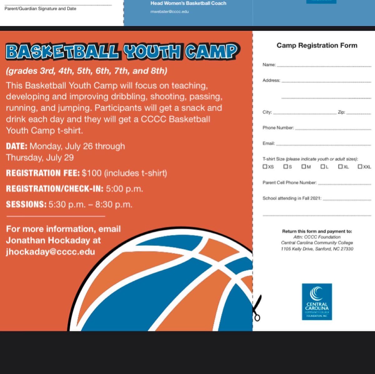 <a href="/iamcccc/">CCCC</a> will host a basketball camp for third through eighth graders. The camp will be held from 5:30-8:30 p.m. July 26-29. For more information or to register, visit cccc.edu/sports-camps or contact Athletic Director Jonathan Hockaday at jhockaday@cccc.edu.🏀
#Basketball