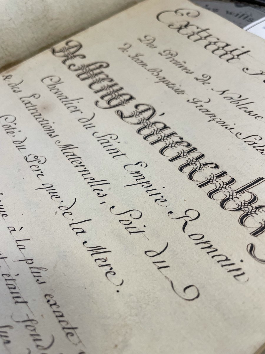 wilsberg's tweet image. Genealogisches Manuskript De Streng D'Arenenberg. - de Streng D'Arenenberg, Jean-Baptiste Francois-Sales: Extrait Abregé Des Preuves de Noblesse de Jaen-Baptiste Francois-Sales De Streng D'Arenenberg. o.O. o.V., 1779. 39 Seiten kalligraphierte #Genealogie #Arenenberg