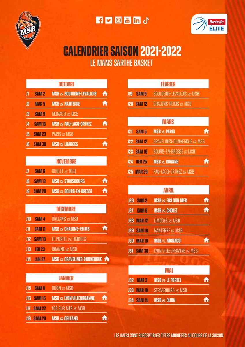 MSB_Officiel 🦁 (@msb_officiel) on Twitter photo 𝗖𝗮𝗹𝗲𝗻𝗱𝗿𝗶𝗲𝗿 𝘀𝗮𝗶𝘀𝗼𝗻 𝟮𝟬𝟮𝟭-𝟮𝟬𝟮𝟮 🗓️
Découvrez l'ensemble des rencontres du MSB de Betclic ÉLITE pour la saison 2021-2022 ! Premier match à domicile le samedi 2 octobre 𝒗𝒔. <a href="/Metropolitans92/">Boulogne-Levallois Metropolitans 92</a>.
👇 𝗖𝗮𝗹𝗲𝗻𝗱𝗿𝗶𝗲𝗿 𝘀𝗮𝗶𝘀𝗼𝗻 𝟮𝟬𝟮𝟭-𝟮𝟬𝟮𝟮 🗓️
Découvrez l'ensemble des rencontres du MSB de Betclic ÉLITE pour la saison 2021-2022 ! Premier match à domicile le samedi 2 octobre 𝒗𝒔. <a href="/Metropolitans92/">Boulogne-Levallois Metropolitans 92</a>.
👇