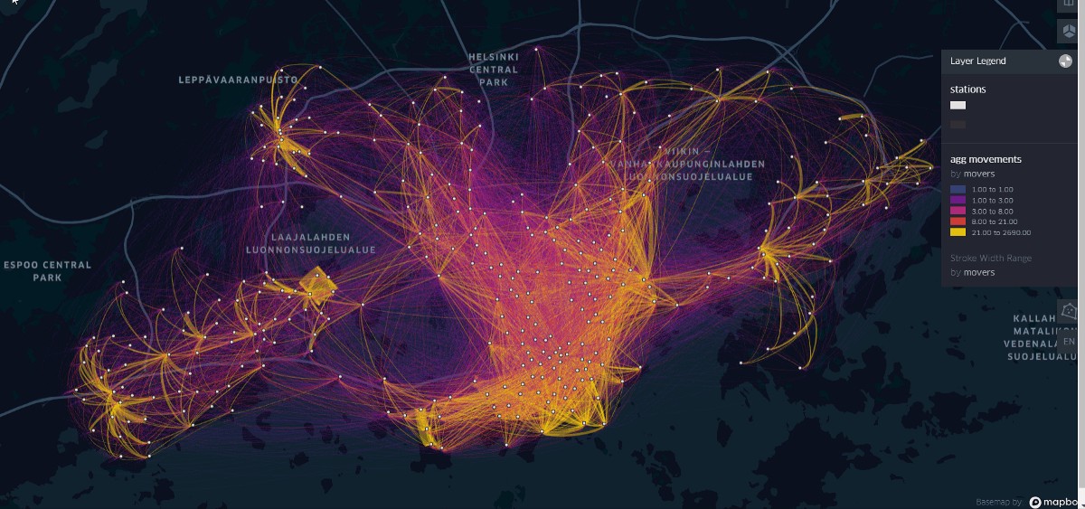DrMattCrowson's tweet image. RT Visualization of Bike Sharing System movements in Helsinki with an interactive flow-map dlvr.it/S41JxZ #mapvisualization #flowmap #bikesharing #keplergl #geospatial