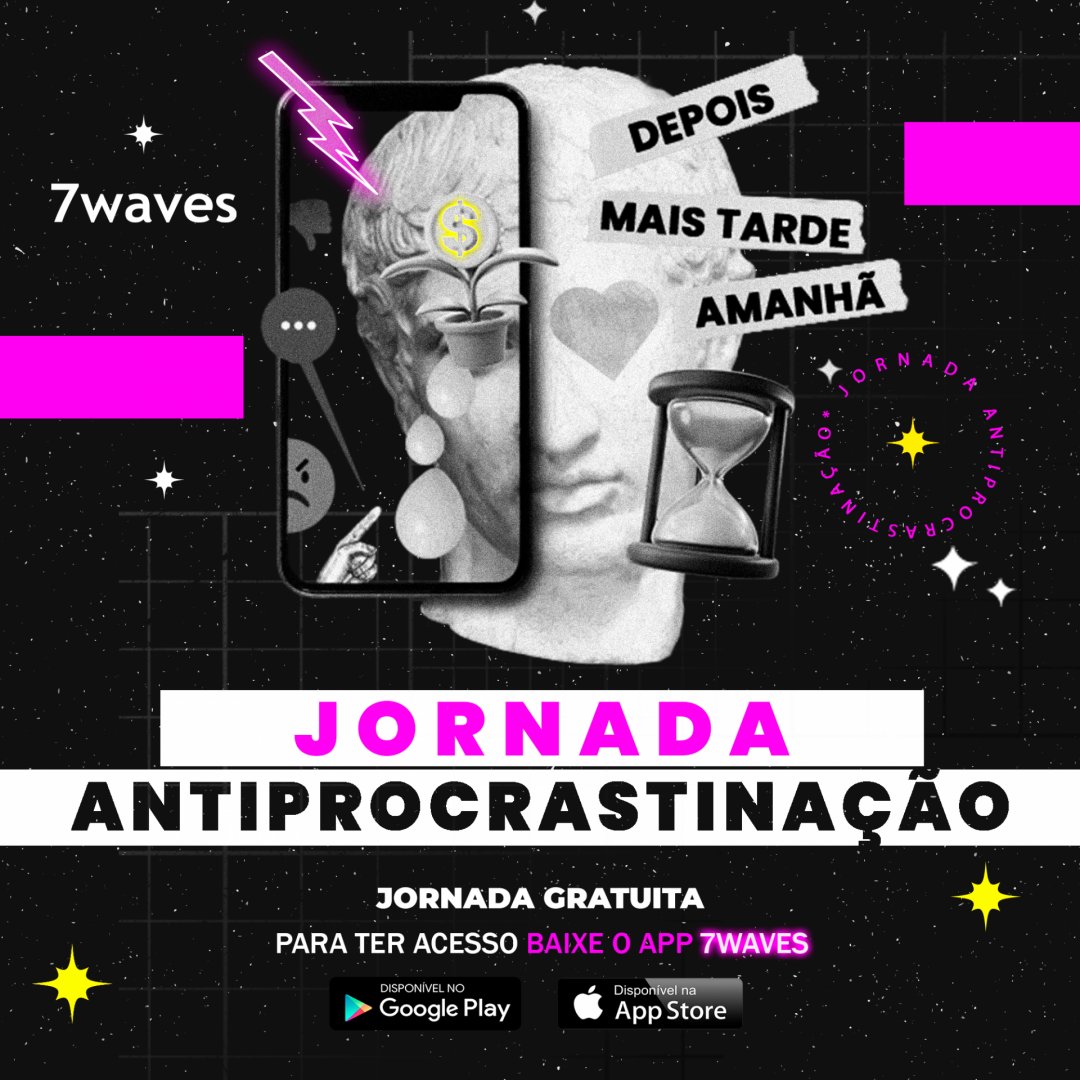 7waves_me's tweet photo. A #procrastinação é um dos principais fatores que impedem a #realização de #objetivos, mas você sabia que existem estratégias para vencê-la?
Vem com a gente na Jornada Gratuita #Antiprocrastinação! Baixe o app da #7waves e participe dessa jornada, rumo às suas #conquistas! https://t.co/yyQjU4MfpH