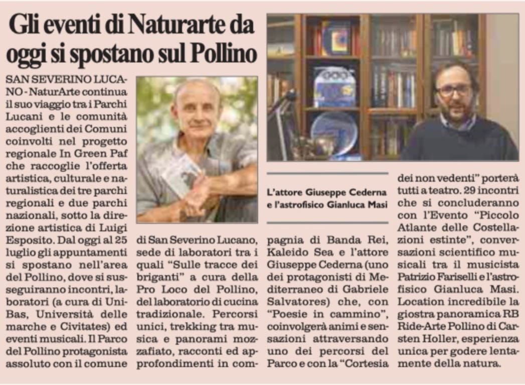 Percorsi unici,trekking tra musica e panorami mozzafiato,racconti ed approfondimenti in compagnia di Banda Rei, Kaleido Sea e l'attore Giuseppe Cederna
19-24 luglio,29 incontri: Natura e scienza,musica e teatro,niente è per caso nel viaggio incredibile di #NaturArte #nuovadelsud