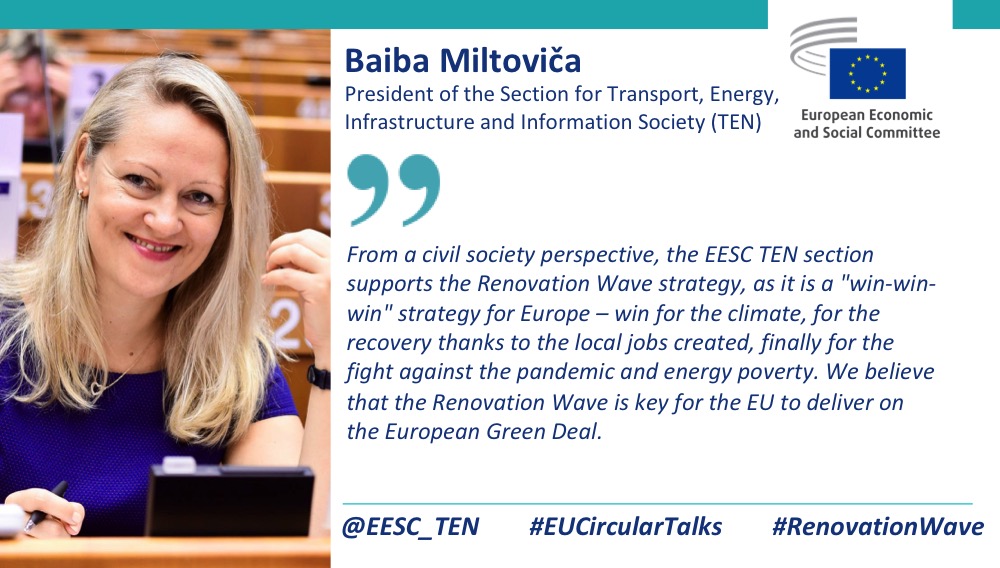 We support the #RenovationWave strategy. It is a 'win-win-win' strategy: for #climate, #EURecovery thanks to local jobs created, the fight against the pandemic & #EnergyPoverty. The Renovation Wave is key for 🇪🇺 to deliver on the #EUGreenDeal.

- @bmiltovica at #EUCircularTalks