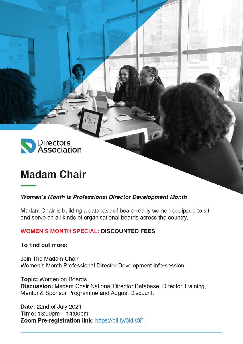 DirectorsAssoc's tweet photo. Madam Chair 
Join a free webinar discussion on women on boards, Professional Director Development &amp; the National Female Director Database. 
Thursday 22nd July, 1pm 
Zoom Pre-registration link: https://t.co/sRM8hotuca
#DirectorsAssociation
#MadamChair
#WomensMonth https://t.co/qzO01Id4yM