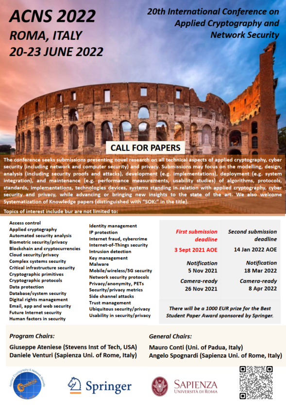 The deadline for the first submission is approaching! Don't miss the chance to participate in one of the top security conferences and visit the beautiful city of Rome!