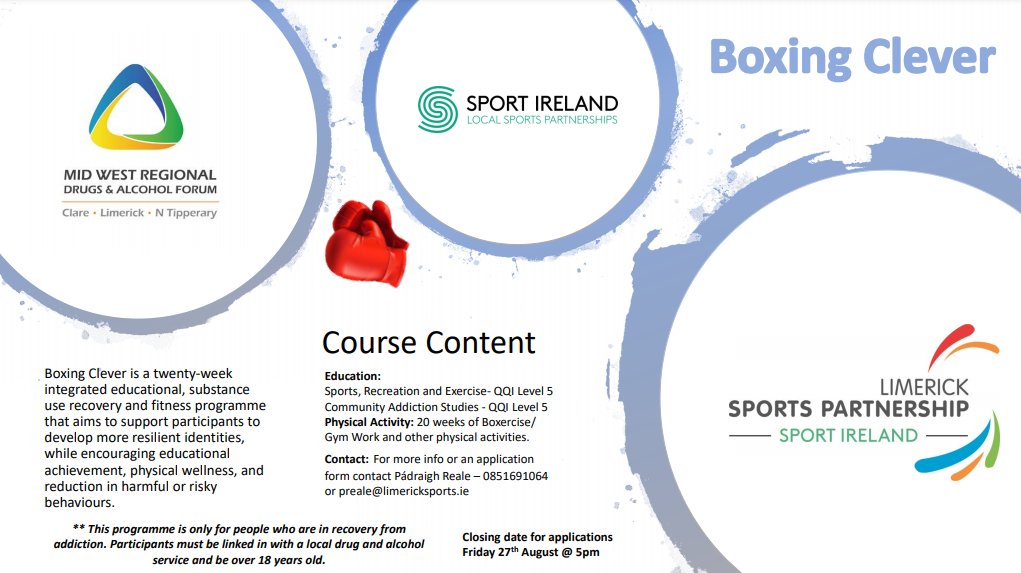 LSP are delighted to announce the Boxing Clever Programme is back.

This programme is strictly only for people who are in recovery from addiction. 

Closing date for applications is Friday 27th August at 5pm

MORE INFO: limericksports.ie/boxing-clever/

#ActiveLimerick #KeepWell #BeActive