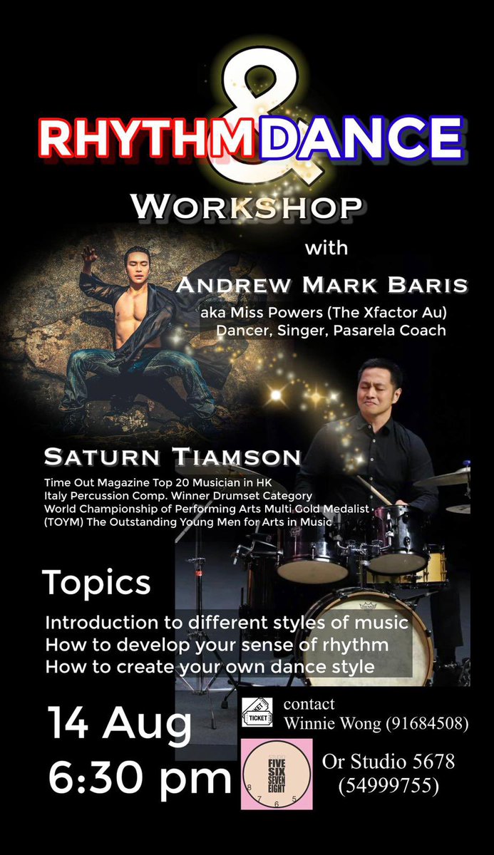 In collaboration with @saturtiamson, Miss Powers and Studio5678hk 

For Tickets: Contact Winnie Wong(91684508) 
Or Studio 5678 (54999755)

#pinoyartistsabroad #independentartist #rhythmandance <a href="/ZildjianCompany/">Zildjian Company🌕</a> <a href="/InnovativePerc/">Innovative Percussion</a> <a href="/tocaperc/">Toca Percussion</a> <a href="/GroverProPerc/">GroverProPercussion</a> <a href="/prologixpads/">Prologix Percussion</a>
