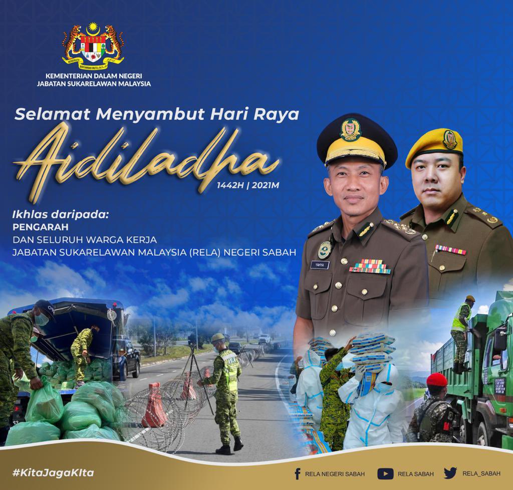 Selamat Menyambut Hari Raya Aidiladha (1442h|2021m) Bersama kita insafi diri, perbaiki ibadah. 🤲🏻

Ikhlas daripada 
Pengarah dan seluruh warga kerja RELA Sabah
<a href="/KDNPUTRAJAYA/">KDN🇲🇾</a> <a href="/dhzhamzah/">Hamzah</a> <a href="/relamalaysia/">relamalaysia</a> <a href="/yahyakgc/">Yahya Sulaiman</a> <a href="/FauziJhumat/">Fauzi Jhumat</a>