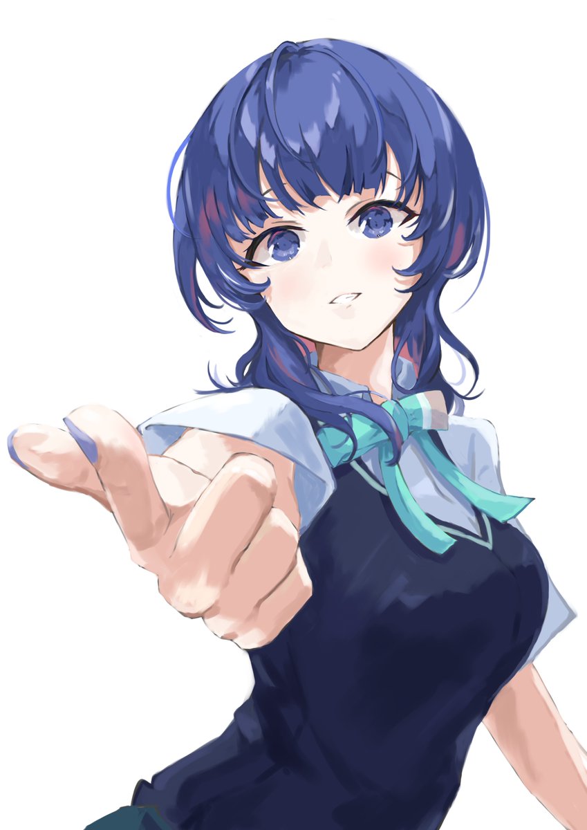 1girl solo blue hair blue eyes white background school uniform looking at viewer  illustration images