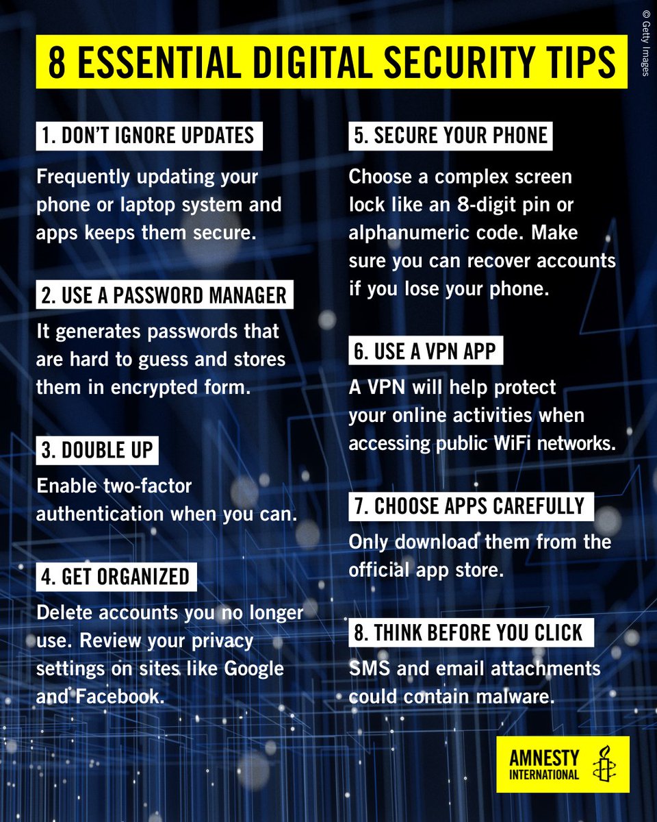 amnesty's tweet image. Worried about cyber-attacks? Want to keep yourself as digitally secure as possible?

Here are 8 tips to help.