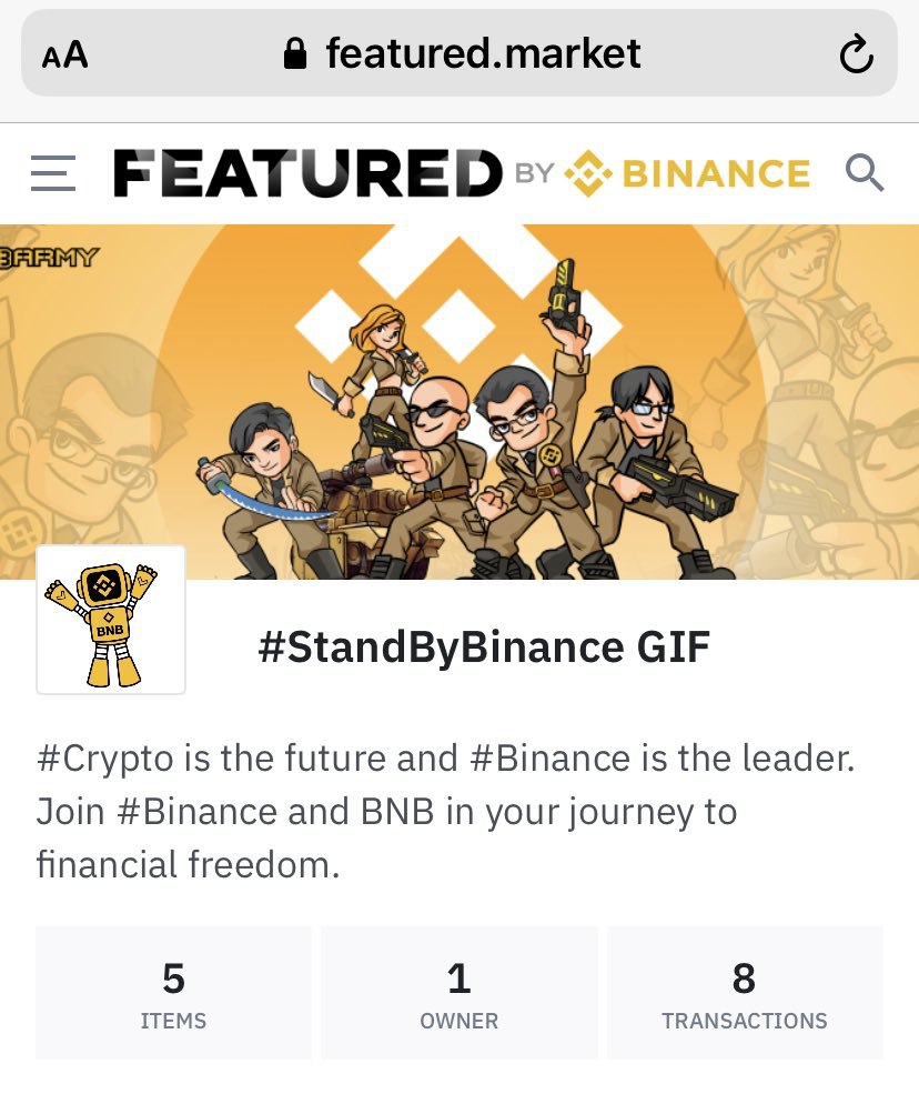 MilkOnX's tweet image. #BARMY 在 @FeaturedBinance 上发布他们的第一个加密艺术收藏。

🚀名称：#StandByBinance GIF 

访问他们的商店并购买一些StandByBinance NFT 😎😎😎
featured.market/profile/BSC_Ar…