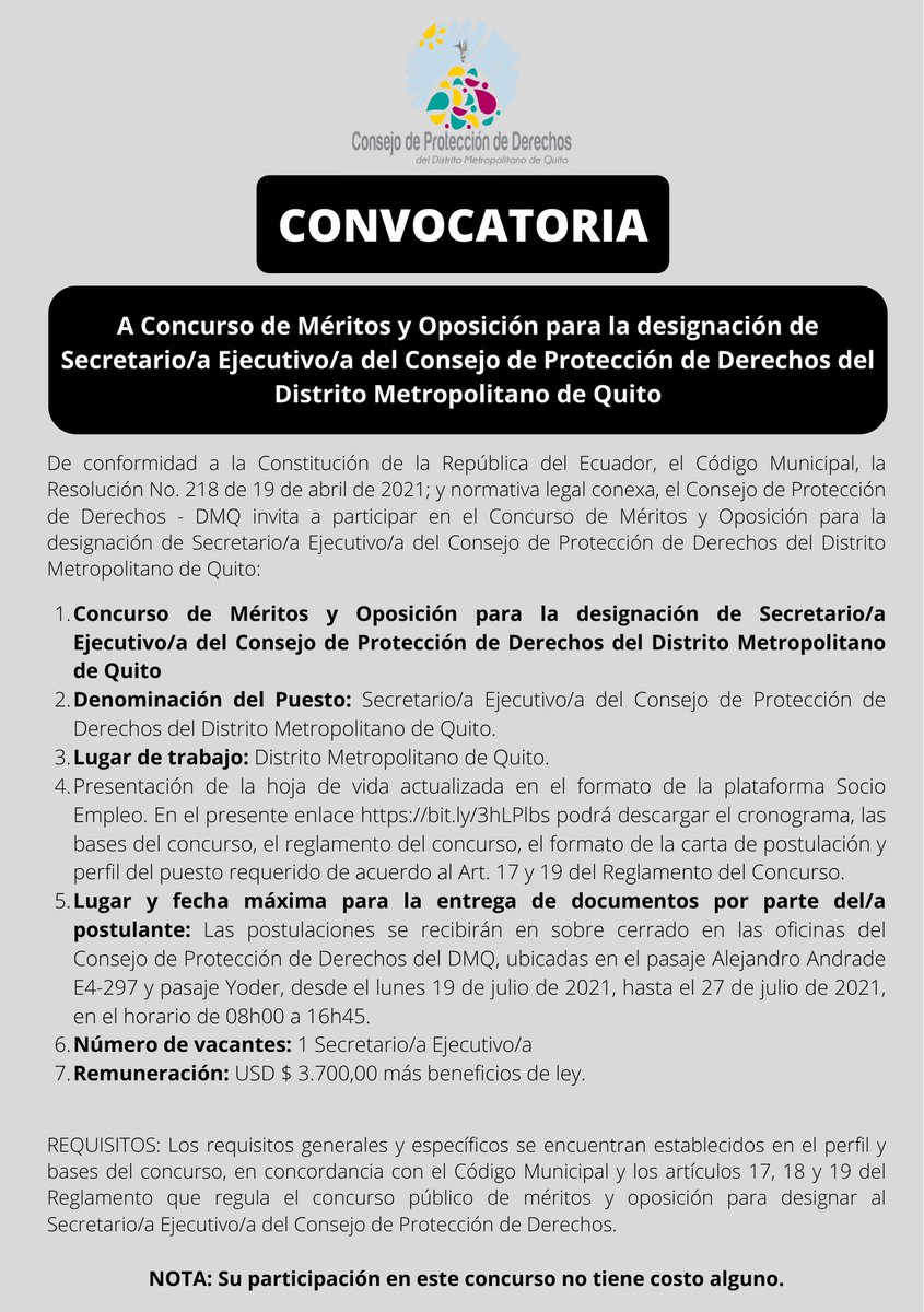DerechosQuito's tweet photo. |🔴CONVOCATORIA| Concurso de Méritos y Oposición para la designación de Secretario/a Ejecutivo/a del Consejo de Protección de Derechos del #DMQ. Para información como cronograma, bases, formatos, reglamento, entre otros aquí 👉 https://t.co/qJtKEb0Z2b https://t.co/EYj4ej2KFZ