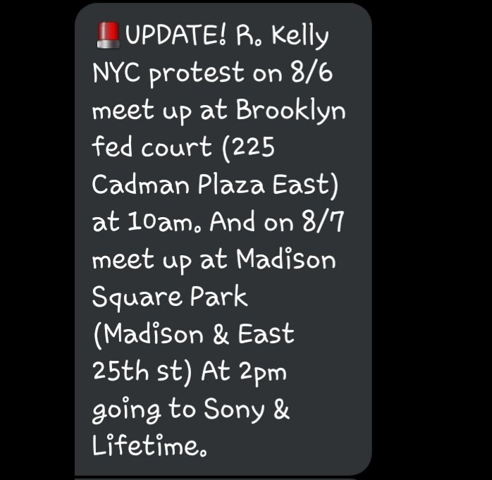 RKellySupporter's tweet photo. UPDATE FOR #NEWYORK
#STEPPINGFORJUSTICE
PROTEST FOR #RKELLY IN #MANHATTAN #BROOKLYN AND SURROUNDING AREAS
#SUPPORTERS AND #FANS PLEASE COME OUT TO SHOW YOUR SUPPORT FOR ROBERT SYLVESTER KELLY
π£ #FREERKELLY π£ https://t.co/MrG3JsHo3B