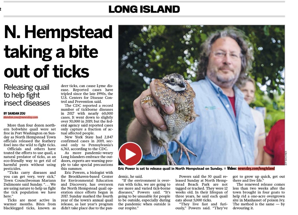 Our friend, Eric Powers, Director of Brookhaven-based CEED also has a project raising quail in N. Hempstead to help fight tick-borne disease.   Wow-- in a quail's lifetime, they can eat 5,000 ticks!