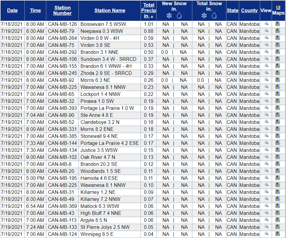 July 18 &amp; 19 precipitation - Manitoba <a href="/CoCoRaHS/">CoCoRaHS</a>