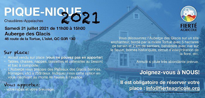Fierté agricole (@fierteagricole) on Twitter photo Été rime avec festivités, amitié et retrouvailles. Nous avons le plaisir d’annoncer notre premier pique-nique 2021 qui aura lieu dans la région de <a href="/ChaudApp/">Tourisme Chaudière-Appalaches</a>, à L’Islet, samedi le 31 juillet. Inscription obligatoire. Pour plus d’info.👇🏻fierteagricole.org/avenir.html Été rime avec festivités, amitié et retrouvailles. Nous avons le plaisir d’annoncer notre premier pique-nique 2021 qui aura lieu dans la région de <a href="/ChaudApp/">Tourisme Chaudière-Appalaches</a>, à L’Islet, samedi le 31 juillet. Inscription obligatoire. Pour plus d’info.👇🏻fierteagricole.org/avenir.html