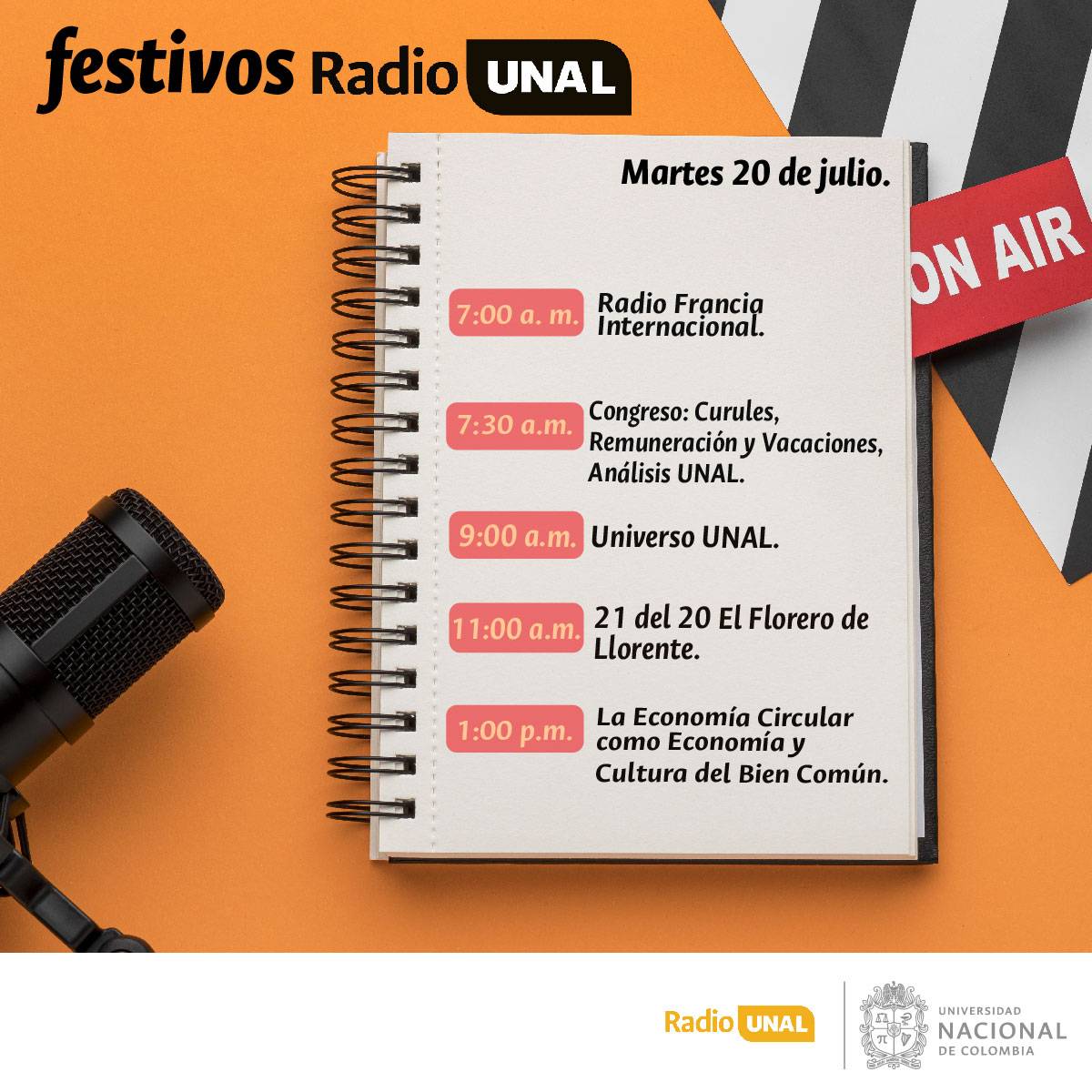 RadioUNAL's tweet photo. #SomosFestivos Prográmate con los especiales que hemos preparado para este #20DeJulio Sintoniza a partir de las 7:00 A. M. #RadioUNAL 98.5FM Bogotá, 100.4FM Medellín y desde cualquier parte del 🌏por https://t.co/pDfbQzU5yM #Música #Cultura #Colombia #30AñosDeRadioUniversitaria https://t.co/QKvCAAlPKa