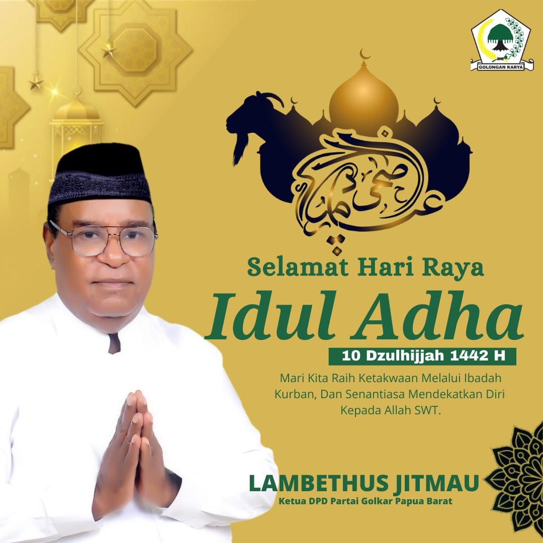BaratGolkar's tweet photo. DPD Partai Golkar Papua Barat mengucapkan Selamat Hari Raya Idul Adha 1442 H. Kita Rayakan Dengan Sederhana dan Penuh Makna.
Tetap Jaga Kesehatan dan Memakai Masker dan Taati Prokes.
#IduladhaDiRumah
#indonesiasehatsejahtera
#golkarpapuabarat
#lamberthusjitmau
#selvianawanma https://t.co/n1qABOzPBT