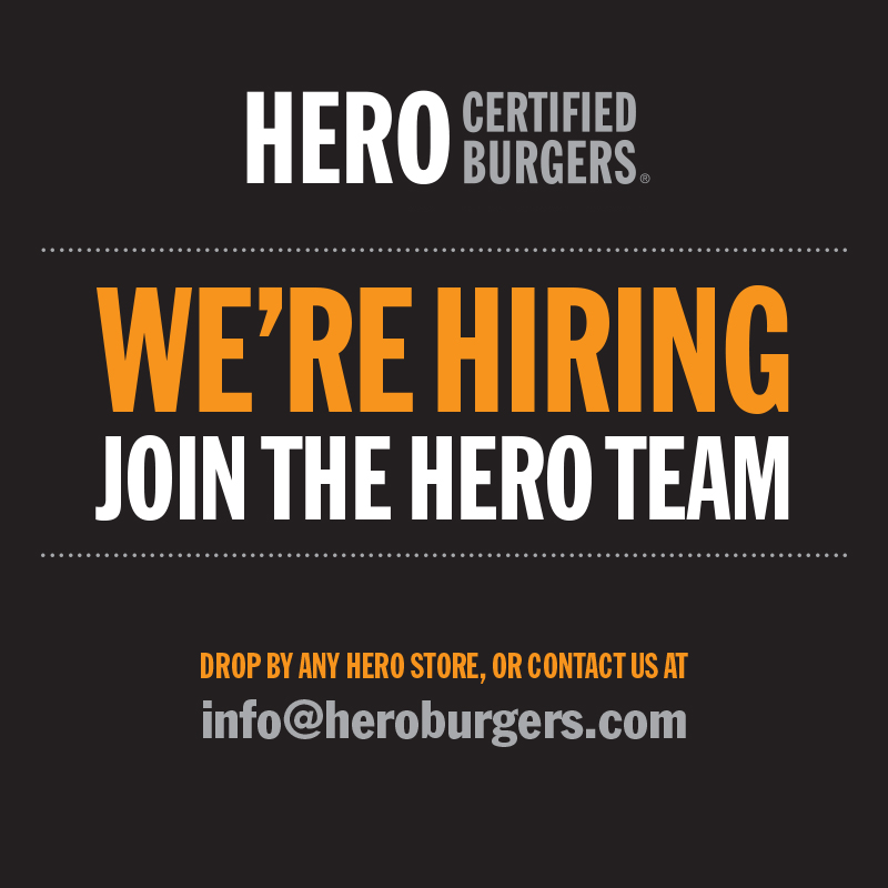 Hero Burgers is hiring.  ✅

Submit a resume to your local Hero Certified Burgers location or email: info (at) heroburgers.com with the location you'd like to work at. 

#herewegrowagain #hiring #lookingforwork #partimehours #herocertified #heroburgers #heroburger