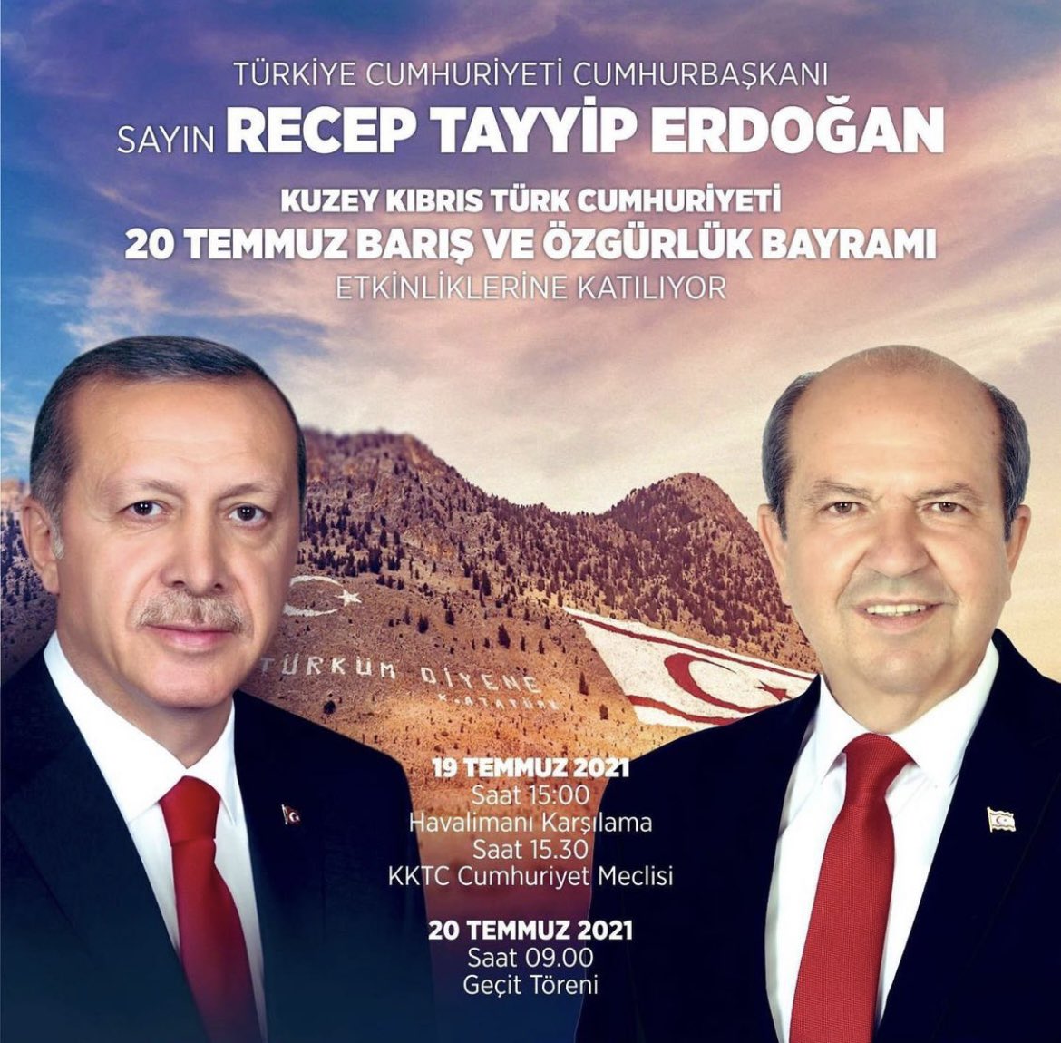 Sn. Cumhurbaşkanımız;
Recep Tayyip Erdoğan’ın 
Kıbrıs ziyaretine eşlik ediyoruz. 
Arefemizi ve Bayramımızın 1. Gününü 
Yavru Vatanımızdaki soydaşlarımız ile birlikte geçireceğiz.