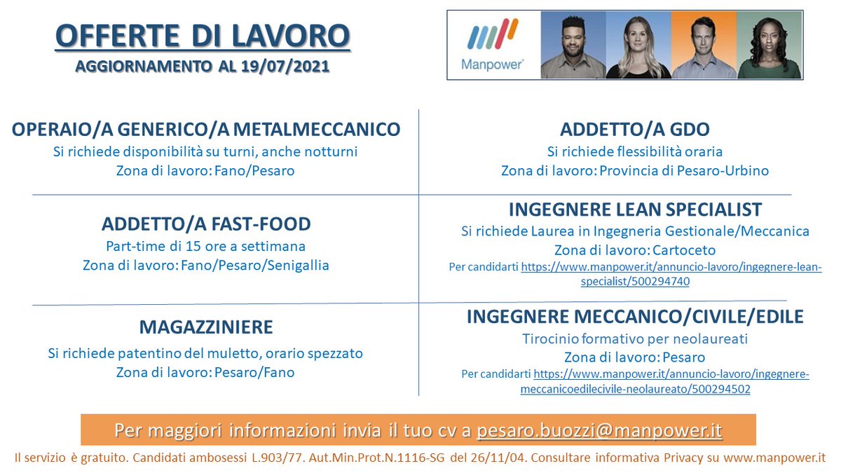 FedeCintiMP's tweet photo. Alcune delle #OffertediLavoro aggiornate ad oggi per la provincia di #Pesaro 
#Manpower #Pesaro #Lavoro #Fano #Vallefoglia #Mondolfo #Urbino #AnnunciLavoro #Manpower https://t.co/KB39vHcWxj