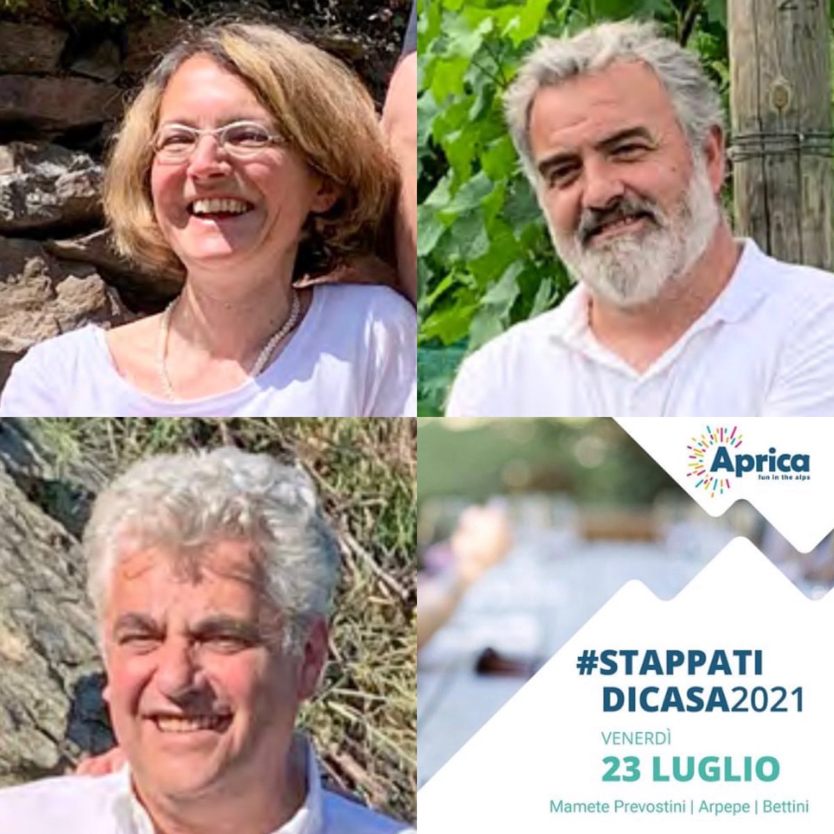 missaglia_sara's tweet photo. Aprica e #stappatidicasa2021: i protagonisti della seconda serata, venerdì 23 luglio presso il Hotel Cristallo Club &amp; Wellness Aprica:
.
🍷 @arpepe1860, @M_Prevostini e F.lli Bettini. 
.
Vi aspettiamo!
Per info: Info Point Aprica
.
#valtellinainaltoicalici #wineoneway #WoW https://t.co/5YmimqvyuC