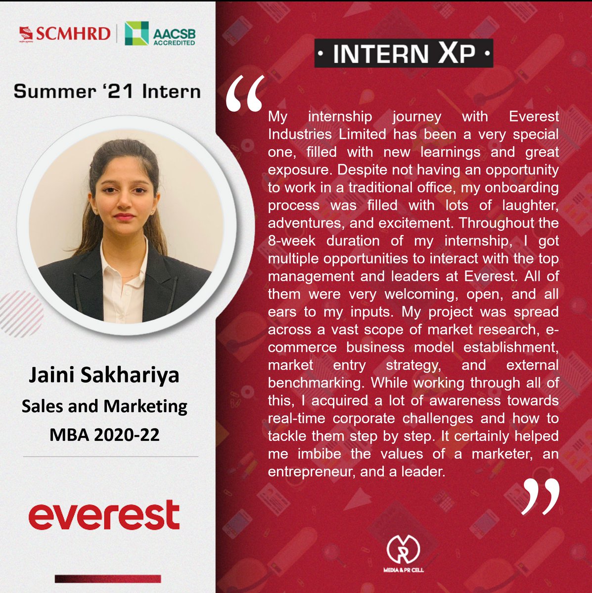 SCMHRDian's tweet photo. In today's feature, we'll take a look at the internship journeys of Jaini Sakhariya, Prakash Nigam and Saurabh Gaikwad at Everest Industries Limited.
#EverestIndustries #InternXP #SCMHRDxp #SummerIntern21 https://t.co/RFlekwhrNk
