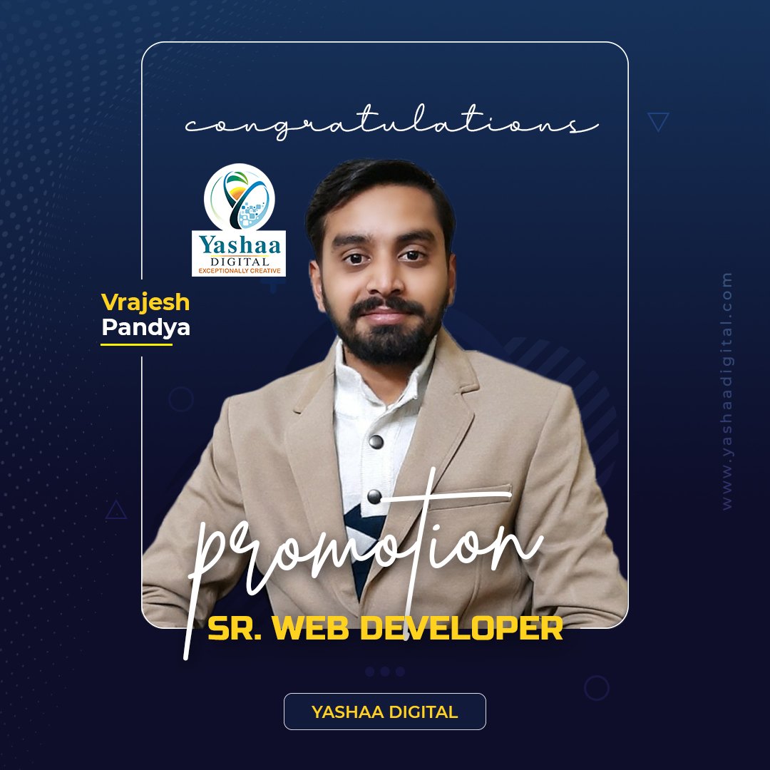 yashaadigital's tweet image. Congratulations Mr. Vrajesh Pandya on your new position as a Senior Web Developer. This promotion is a reward for your efforts and we hope that this achievement takes you to a higher level of success.
.
.
.
#congratulations #srwebdeveloper #yashaadigital #yashaafamily #nashik