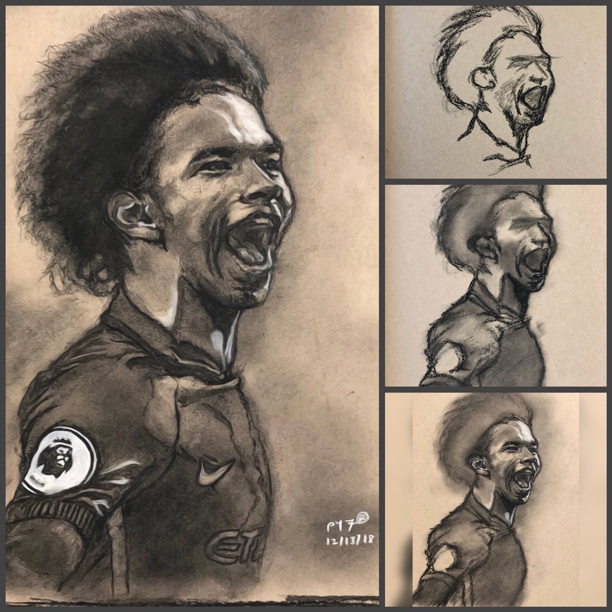 peepeey's tweet photo. Here’s my charcoal portrait of Leroy Sane… follow me on Instagram(@Aninfeng7) for more… #PYArt https://t.co/E1UyP9BVcC