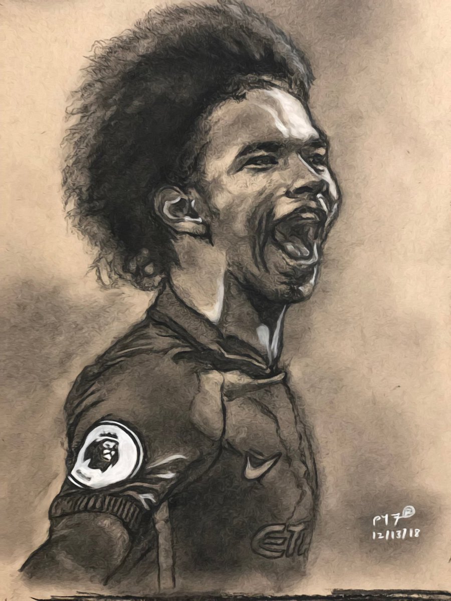 peepeey's tweet photo. Here’s my charcoal portrait of Leroy Sane… follow me on Instagram(@Aninfeng7) for more… #PYArt https://t.co/E1UyP9BVcC