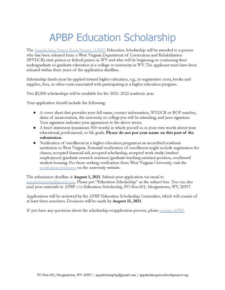 SCHOLARSHIP OPP.: If you are a person who has been released from a WVDCR state prison or federal prison in WV and will be enrolled in undergrad/graduate courses in 2021-22, please check this out! If not, please spread the word.