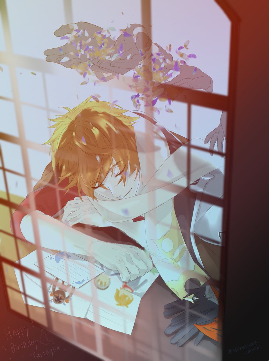 tartaglia (genshin impact) male focus 1boy paper closed eyes gloves bangs sleeping  illustration images