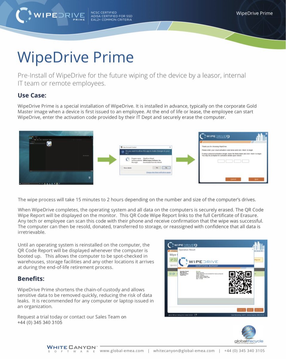 globalemea's tweet photo. #wipedrive just got even better with @WhiteCanyon #WipeDrivePrime . This is perfect for protecting business #data as it’s a pre-install #wipedrive that goes even further to reduce the risk of a #databreach. For a demo call our sales team on +44 (0) 844 251 0471 #cybersecurity https://t.co/B3EEjs5eH1