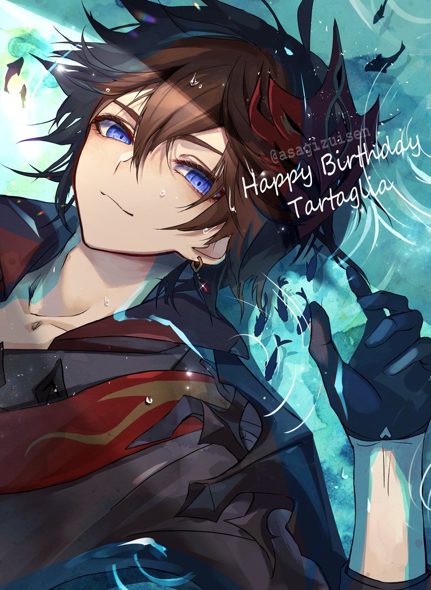 tartaglia (genshin impact) 1boy male focus gloves blue eyes solo happy birthday black gloves  illustration images