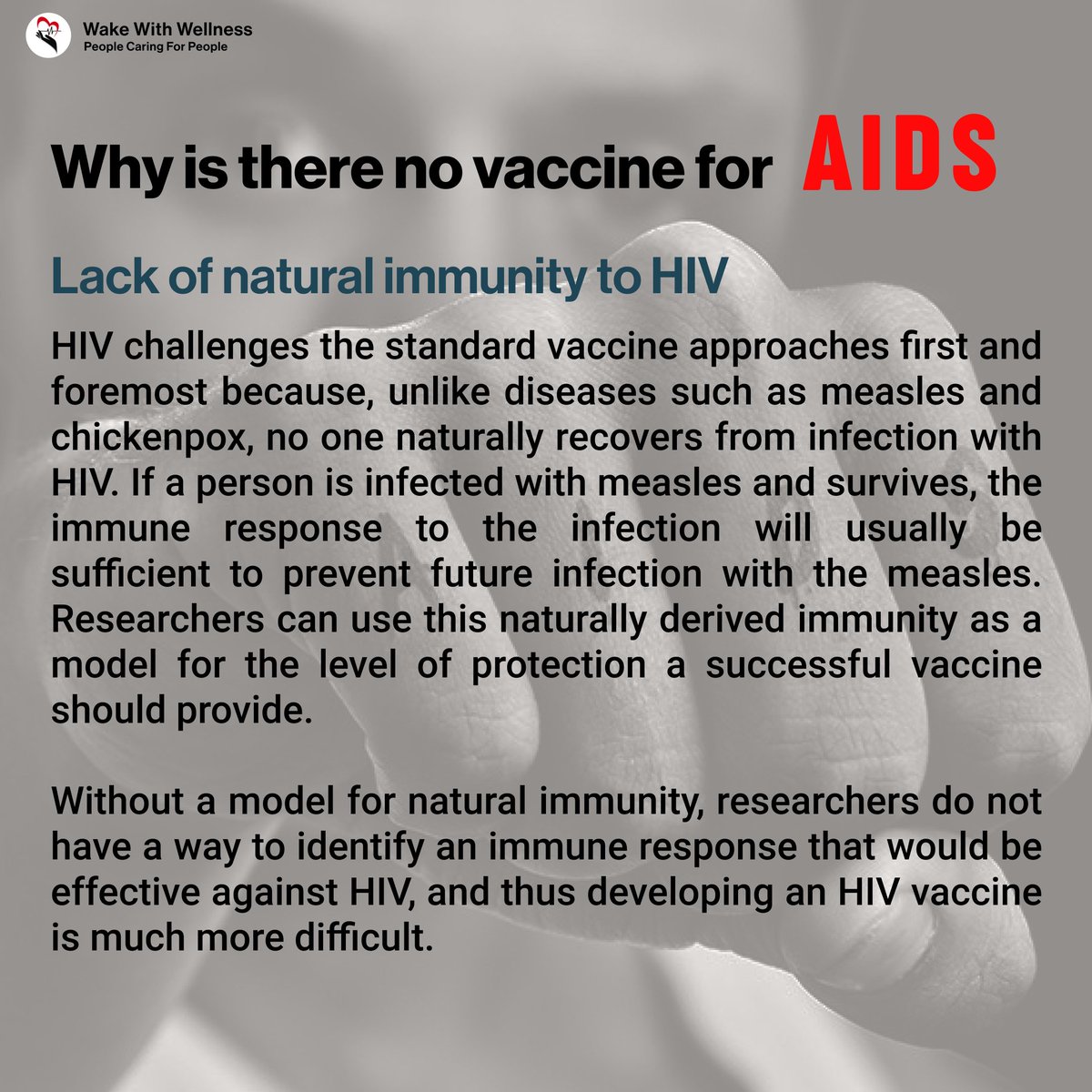 wakewwellness's tweet photo. // Why is there no vaccine for AIDS even after 30 years? //

#health #vaccine #aidsawareness #aidsfreegeneration #ENDAIDS #teachingaids #aidsfree #aidsprevention #aidsvaccine #vaccineforaids #betterworld #wakewithwellness #unitednations #unitednationsfoundation #hivpositive #hiv https://t.co/mzaScGEycw