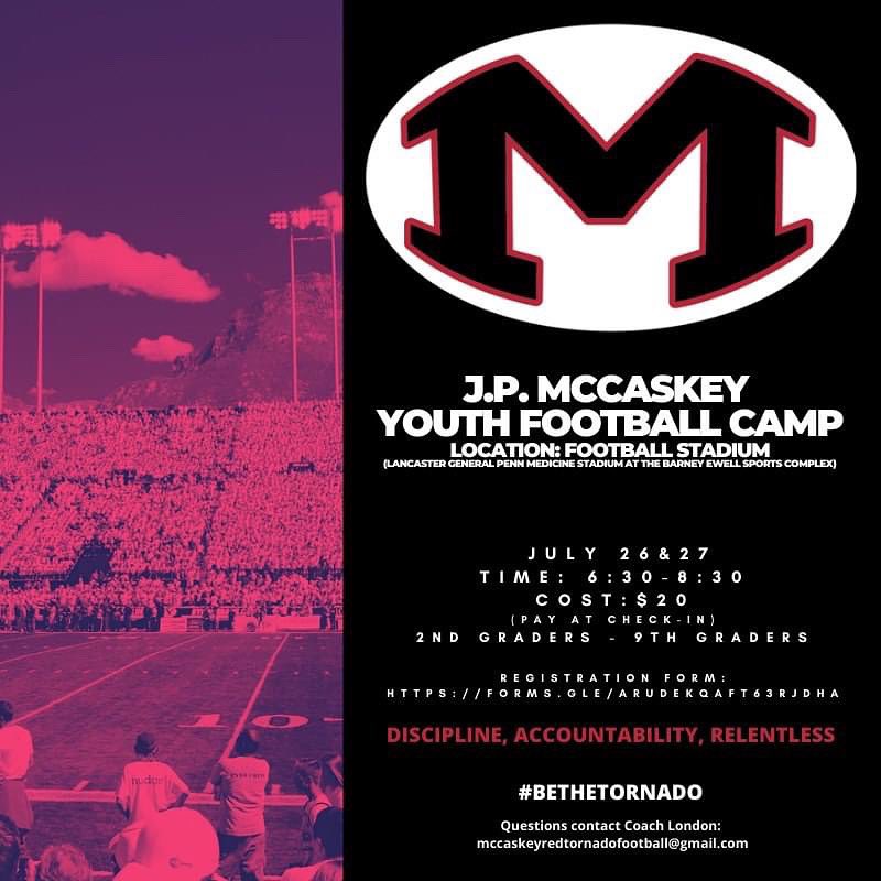 We are very excited to bring back our McCaskey Youth Football Camp! Come meet coaches from Jr. Tornado, Middle School &amp; High School Programs. Please use the link below to pre-register.
#BeTheTornado #McCaskeyProud #WeAreMcCaskey
forms.gle/dLVo6RbporSMkg…