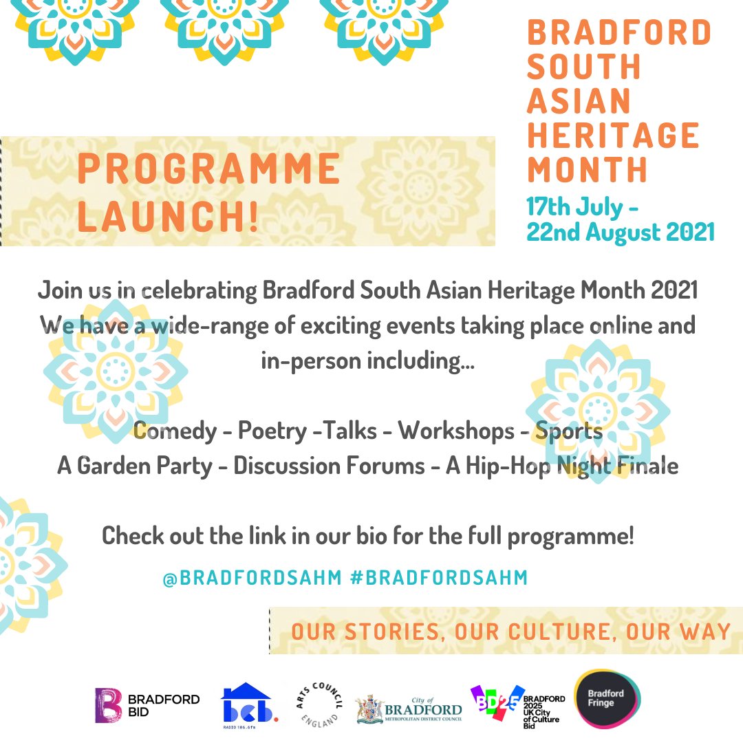 Programme Launch! Join us in celebrating Bradford South Asian Heritage Month 2021! We have a wide-range of exciting events taking place online & in-person. Check out our full programme here: kalasangam.org/south-asian-he… (Link in bio too!) #BradfordSAHM #Bradford2025