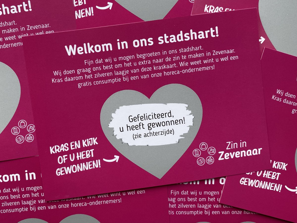 Vanaf vandaag ontvang je bij alle aankopen in het centrum van Zevenaar een kraskaart. De winnaars ontvangen een consumptie ter waarde van 5 euro bij de deelnemende horeca! 

#ZininZevenaar #Zinineenterrasje #gezellig #Zomer #Kraskaart