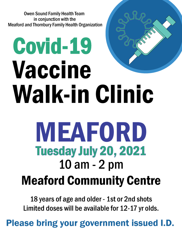 Meaford's tweet photo. Walk-in Vaccine Clinic at the Meaford Community Centre tomorrow! Just bring your government issued I.D! https://t.co/iOP4MK0Tzd