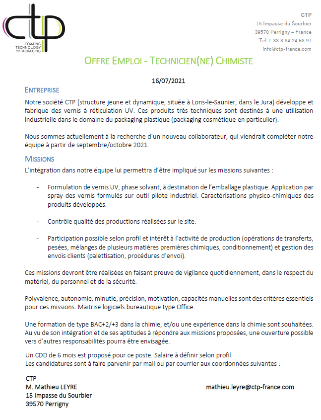 dpt_chimie's tweet photo. #OffreEmploi la société CTP est à la recherche d'un nouveau collaborateur, technicien R&amp;D, qui viendrait compléter leur équipe dès septembre/octobre, dans le cadre d'un recrutement en CDD. https://t.co/yAgN4LfNFr